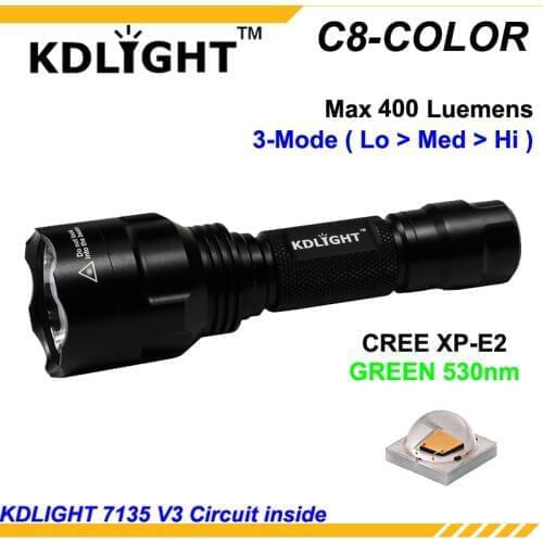 KDLITKER C8-COLOR Cree XP-E2 Green 530nm 400 Lumens Camping Hunting LED Flashlight - Black ( 1x18650 )