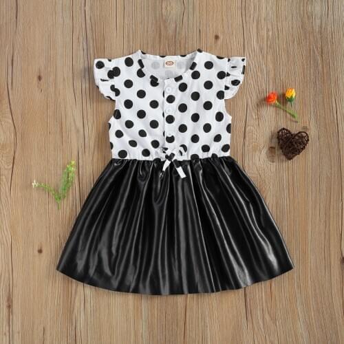 Little Girl’s Summer Fly Sleeve Dress Sweet Polka Dot Button down Leather Stitching A-line Princess Dress