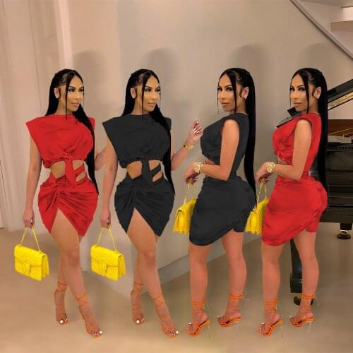 Summer fashion skirt suit women Solid color round neck T-shirt top tie + pleated skirt 2-piece set Sexy short skirt Beach dress