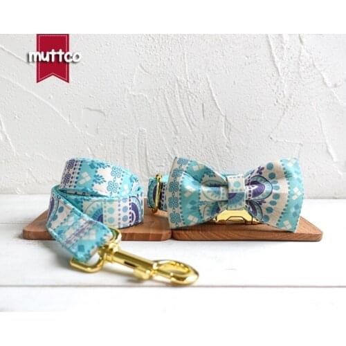 MUTTCO retailing high quality handmade collar for dog fashionable Sapphire THE FOLK BLUE dog collar with bow tie 5 sizes UDC023B