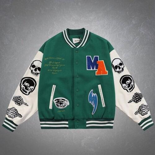 Streetwear Vintage Mens Varsity Baseball Jacket Furry Skull Embroidery Patchwork Bomber Jackets Harajuku Hip Hop Coats Unisex