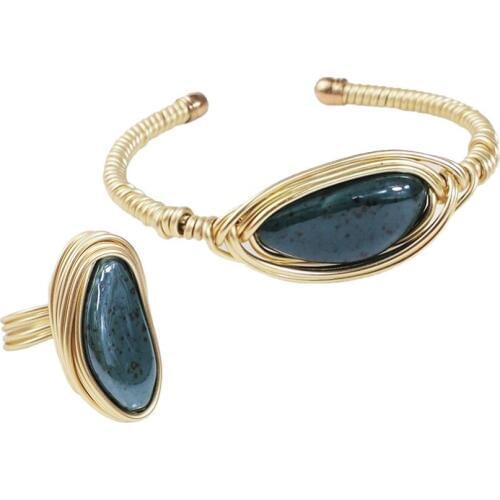 Bohemian Alloy Bracelet and Ring Sets For Women Ceramic Cuff Bangle Statement Fashion Party Jewelry Accessories UKEN