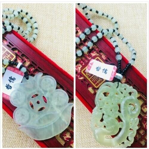 Natural Liaoning Xiuyan jade carved light green hollow retro dragon and Phoenix pair ingot pendant necklace sweater chain