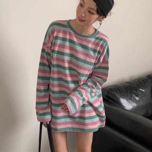 2020 New Autumn T-shirt New Hit Color Striped All-match Soft Tops Student Loose Korean Autumn Long-sleeve