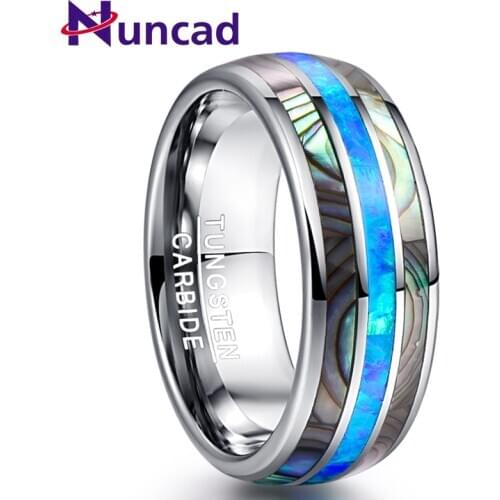 Nuncad 8mm Blue Opal Tungsten Carbide Rings Inlaid Natural Shells Party Jewelry Gift Silver Color Rings