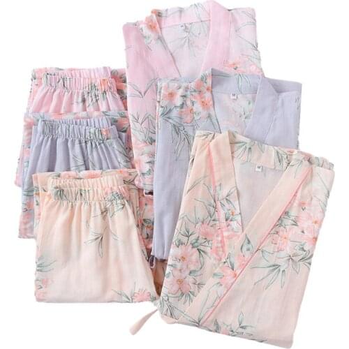 Spring And Summer New Japanese Kimono Style Women 100% Gauze Cotton Pajama Set Floral Printed Household Cardigan+Pants Sleepwear