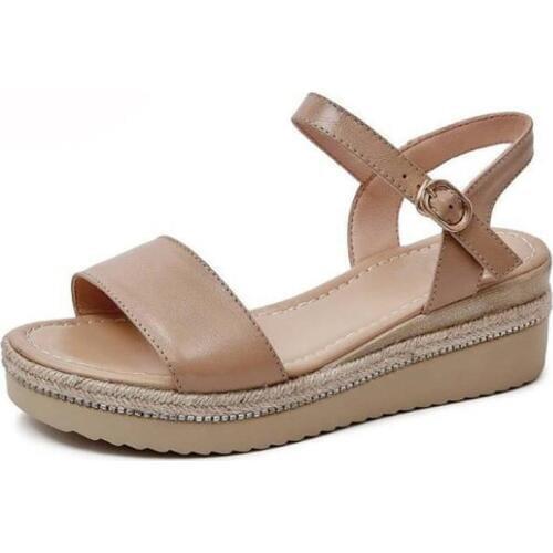 2020 New Summer Rhinestone Straw Braid Genuine Leather Sandals Fashion Elegant Women Sandals Comfortable Non-slip Wedge Sandals