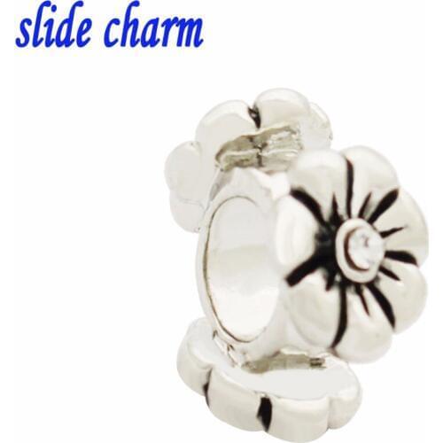 Slide charm Free shipping white rhinestone inlaid colored hibiscus amulet charm beads fit Pandora bracelet