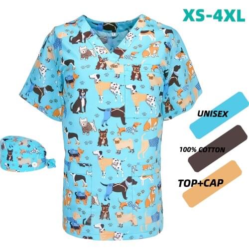 Unisex Scrub uniform Top Anime pet grooming workwear scrub top Dog Print working clothes Women Men Short Sleeved Tops Wholesale