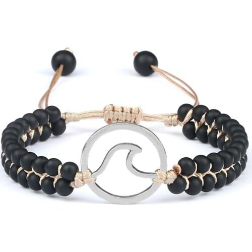 High Quality Men Bracelet Natural Stone Black Matte Beaded Handmade Wrap Wave Dagger Charm Braided Bracelets Boho Jewelry Gifts
