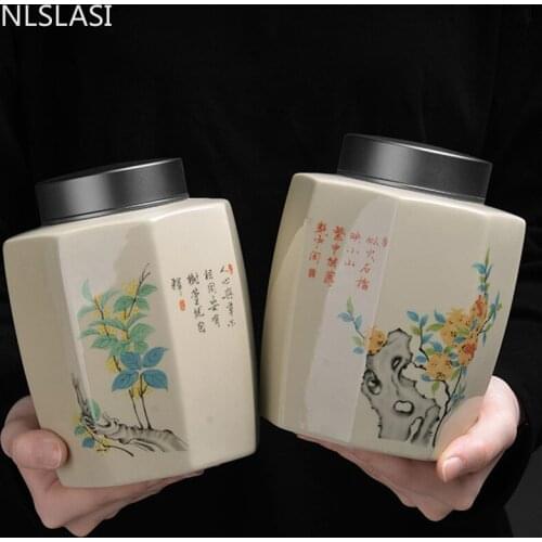 High-end Ceramics Tea Caddy Flower Pattern Storage Tank Traditional Sealed Tea Jar Kitchen Spice Organizer Coffee Containers