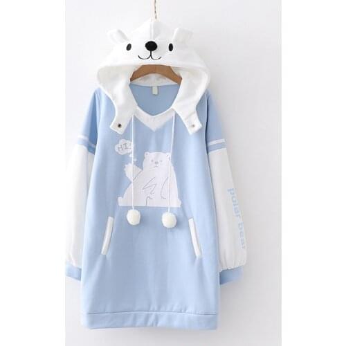 Cute Bear Fall Autumn Womens Long Hoodies Pullovers Hooded Patchwork Tops Cute Color White Blue Mori Girl