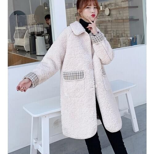 Female Jackets Winter Womens Wear Stitching Lamb Wool Chequered Jacket Overcoat Thickened Heating Temperament Short Wool Coat