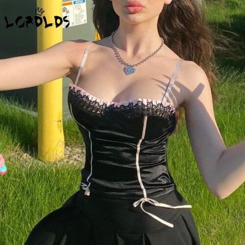 LORDLDS Black Lace Trim Cami Top Women V Neck Contrast Stitched Lace Up Clothes Ladies Patchwork Summer Vest