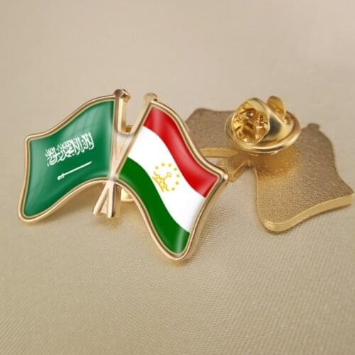 Saudi Arabia and Tajikistan Crossed Double Friendship Flags Lapel Pins Brooch Badges