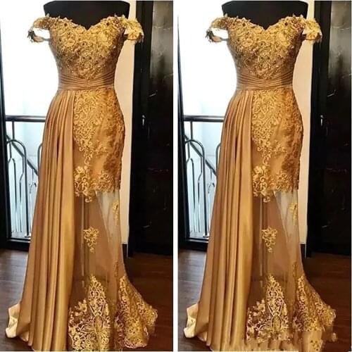 Gold Muslim Evening Dresses Mermaid Off The Shoulder Appliques Beaded Dubai Saudi Arabic Long Evening Gown Prom Dress