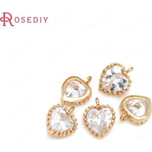 4PCS 9x11MM 24K Champagne Gold Color Plated Brass with Zircon Heart Charms Pendants High Quality Diy Jewelry Accessories