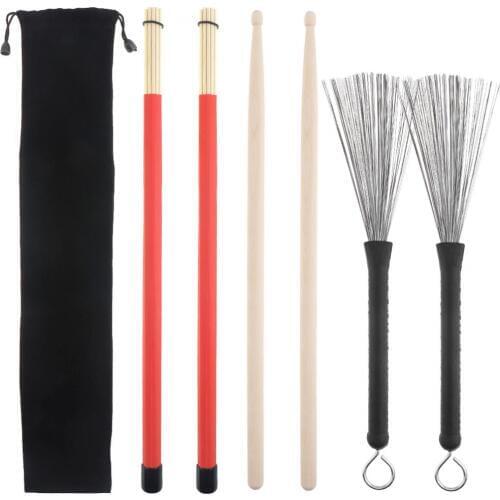 4pcs Universal Jazz Drumsticks Set Include 5A Maple Drum Sticks Bamboo Steel Wire Brushes and Velvet Bag