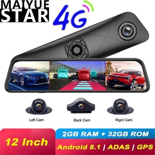 12 Inch Car DVR Android 4G Dash Cam Auto Register 4 Channel 360 Camera FHD 1080P Wifi Rear View Mirror ADS GPS Video Recorder