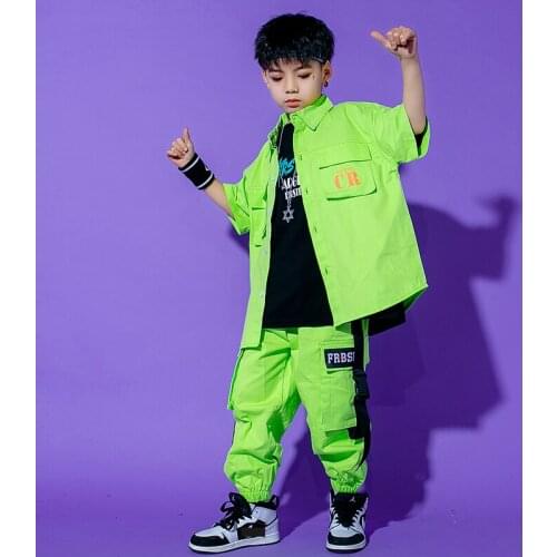 Hip Hop Clothes Children Fluorescent Green Rave Wear Street Dancewear Performance Costume Festival Clothing Kpop Outfit JL3422