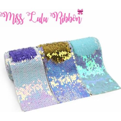 3"75mm Double Color Reversible Sequin Ribbon Lt. Blue Gradient Color Gold DIY Wedding Decor Gift Bowknots Making 2yards/roll