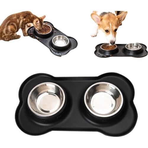 Stainless Steel Pet Bowls Cat Water and Food Feeder With Non Spill Skid Stand Silicone Mat for Dog Puppy Double Bowl and Eat Mat
