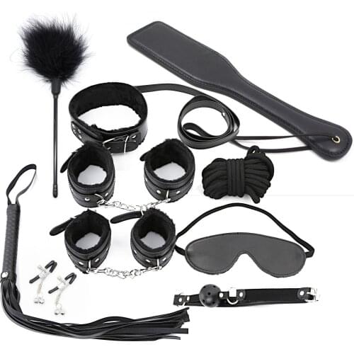 Manyjoy 10 Pcs/set Sexy Lingerie PU Leather bdsm Bondage Set Hand Cuffs Footcuff Whip Rope Blindfold Erotic Toys Sex Goods
