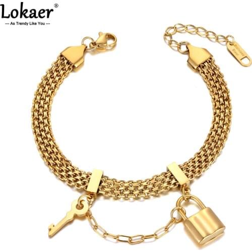 Lokaer Trendy Multi-layer Stainless Steel Lock & Key Charm Bracelets For Women Girls Bohemia Chain Link Jewelry браслет B21034