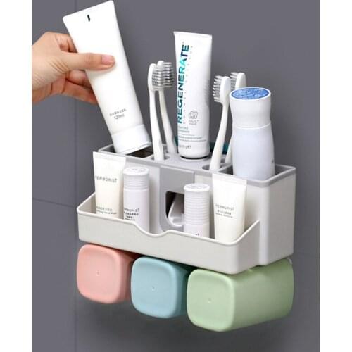 Wall Mounted Tooth Brush Holder Punch-free Toothbrush Holder With Cups Automatic Toothpaste Dispenser Toiletries Storage Rack