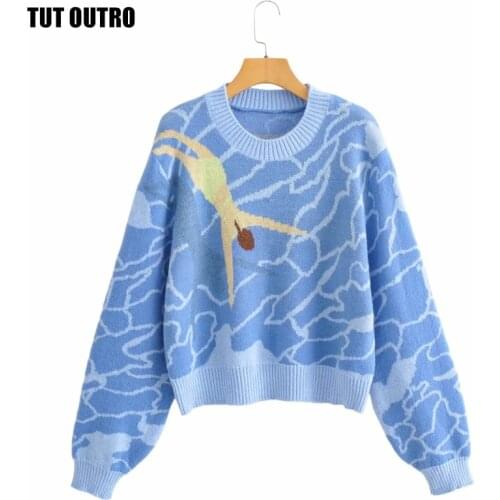 Autumn Winter Wave Print Sweater Women Round Neck Loose Long Sleeve Jacquard Knitted Pullover Female Casual Jumpers Tops