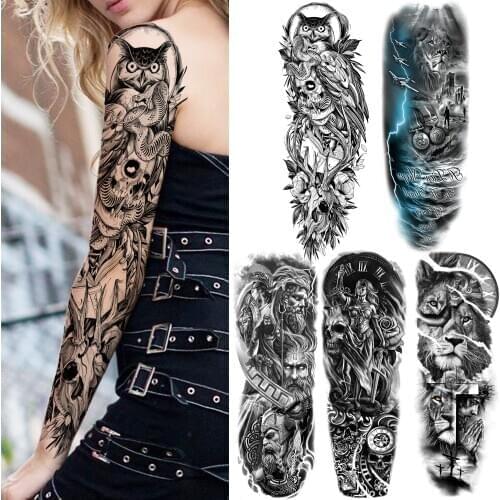 Realistic Fake Owl Temporary Tattoos Arm Sleeve For Women Men Adult Black Lion Cross Tattoo Sticker Demon Devil Tatoos Covers Up