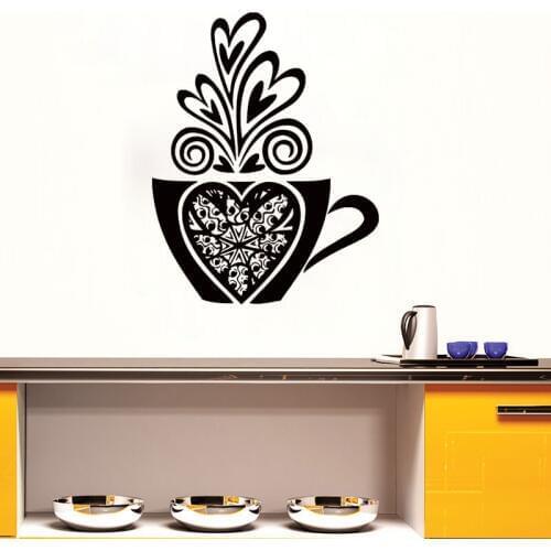 Romantic Love Coffee Tea Cup Heart Wall Sticker Vinyl Kitchen Cafe Interior Design Wall Decals Home Decor Poster Wallpaper