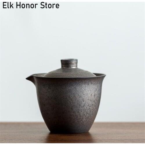 180ML Iron Gilding Hand-Held Pot Old Rock Mud Iron Glaze Kung Fu Tea Set Handmade Coarse Pottery Teapot Tea Bowl Ceramic Gaiwan