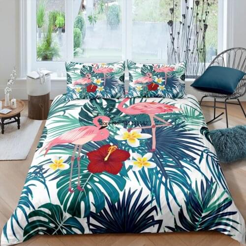 Modern Pink Flamingo Print Down Bed Cover Pillowcase 3D Botanical and Animal Home Textile Single Double Queen Size Bedding Set
