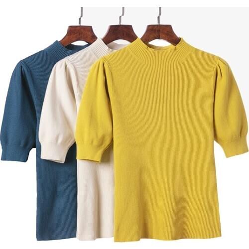 Gkfnmt Sweater Women Pullover Knitted Spring Autumn Soft Top 2021 Half Sleeve Casual Solid Sweater Apricot Yellow Blue Black