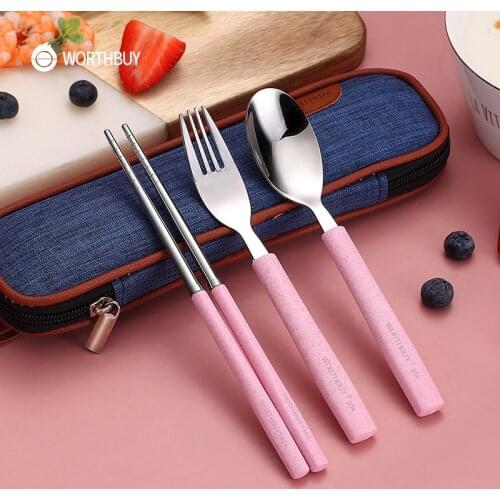 WORTHBUY 18/8 Stainless Steel Tableware Portable Dinner Set For Kids Travel Dinnerware With Wheat Straw Handle Spoon Fork Set