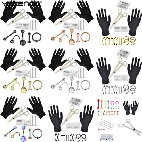 1 Set Tongue Eyebrow Nose Belly Button Body Jewelry Piercing Rings Clamp Gloves Needles Tool Kit Ear Plug Prong Studs 16G 14G