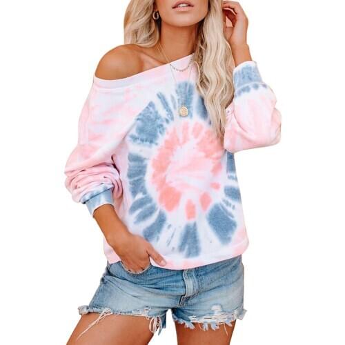 2020 women summer t shirt tie dye-print long sleeve loose shirt round collar casual street wear home wear shirt