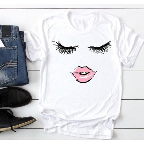 Women 2021 Face Lip Funny Short Sleeve Fashion Cartoon Summer Graphic T Top Lady Print Tee Female Tshirts Clothes T-Shirt
