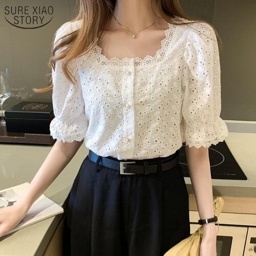 2021 Summer Shirt Korean Style Wild Lace Shirt Women Square Collar Short Sleeve Hollow Out Vintage Elegant Blouse Blusas 13934