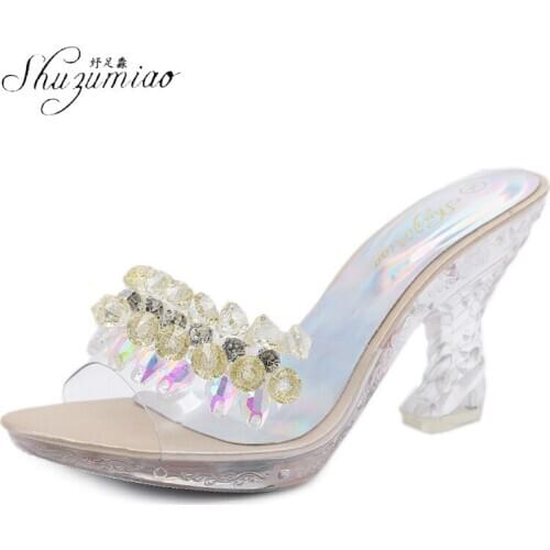 SHUZUMIAO New PVC Transparent Crystal Women Slippers Summer Fish Mouth High Heels Sexy Slides Ladies Party Sandals Pumps Shoes