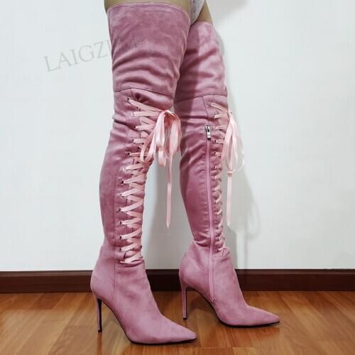 DOBANER Women Over Knee High Boots Pink Side Zip Boots Slim Heels Boots Botas Mujer Ladies Lace Up Shoes Woman Big Size 45 46 47