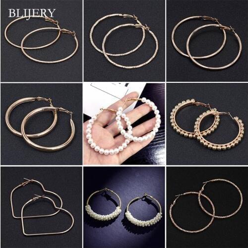BLIJERY Vintage Golden Metal Statement Hoop Earrings For Women Punk Jewelry Fashion Pearls Round Circle Earrings Femme Brincos