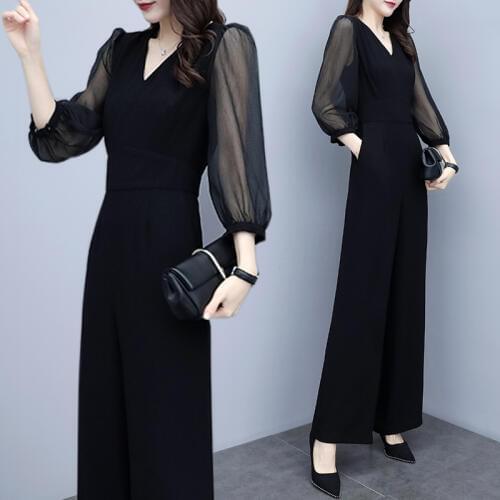 Womens Jumpsuit 2019 Fashion High Waist V-Neck Seven-Point Sleeves Connected Pants Spring Summer Black Casual Chiffon Jumpsuit