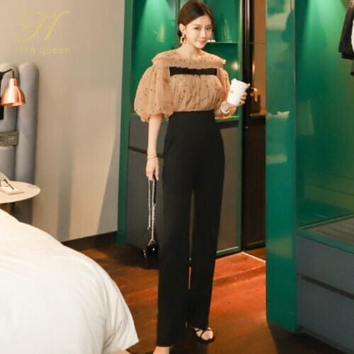 H Han Queen Simple New 2-piece Suits Women 2020 Autumn Elegant Mesh Crop Top & High Waist Long Pants OL Work Pant Suits Korean
