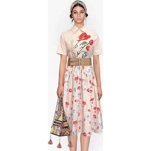 Designer Runway Summer Office Style Work OL Dresses For Women Vintage With Floral Pattern Basic Short Sleeve Casual Midi Dress