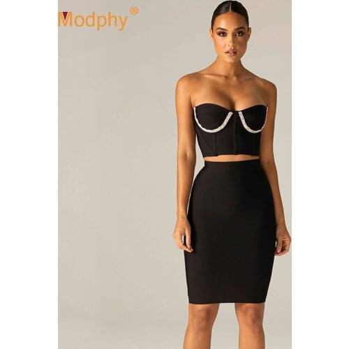 2021 Spring Fashion Black WomenS Bodycon Bandage Set Sexy Strapless Diamond Backless Short Top And Skirt Party 2 Two-Piece Set