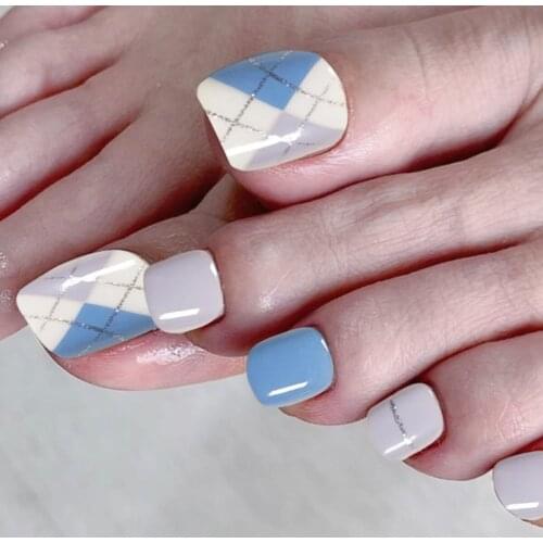 24pcs Blue White ToeNails Patch Glue Type Removable Short Paragraph Manicure Fashion False ToeNails Patch DL