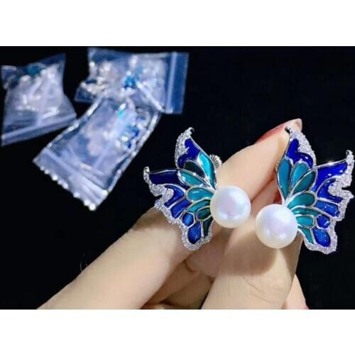 9-10MM natural fresh water pearl stud earring blue color insect butterfly 925 sterling silver with cubic zircon stoving varnish