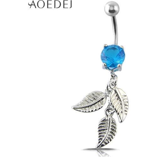 AOEDEJ Navel Belly Button Rings Women Stainless Steel Leaves Blue Crystal Body Piercing Jewelry Female Bohemia CZ Stone Jewelry